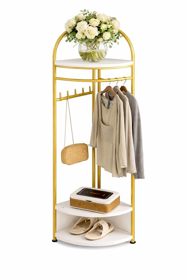 Raft decorativ de colt cu 3 rafturi, auriu cu efect marmura