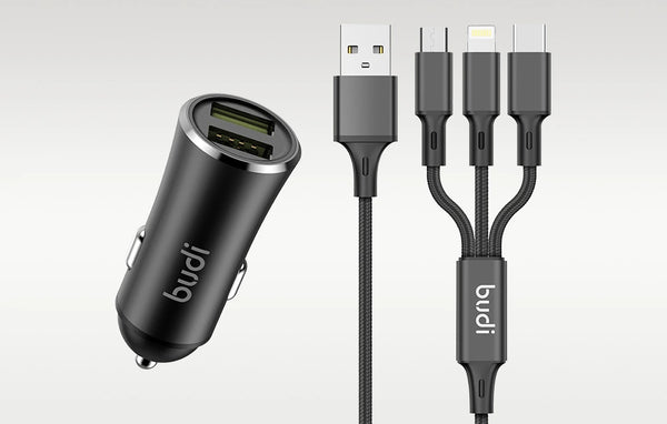 1+1 CADOU Încărcător Auto cu 2 Porturi USB, 2.4A, 12W, Cablu 3 în 1 USB-C / Lightning / Micro USB Inclus – Negru