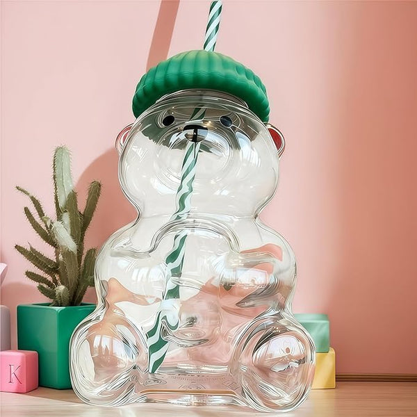 Pahar cu pai, forma de urs, sticla, 500ml