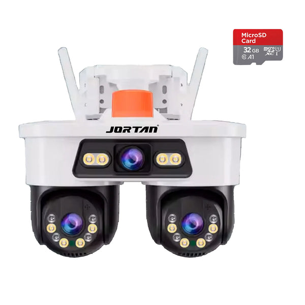 Camera de Supraveghere JORTAN, WiFi, Tripla, 9MP, PTZ 355°, 3 Lentile, IP66, Audio Bidierctional + Card 32GB