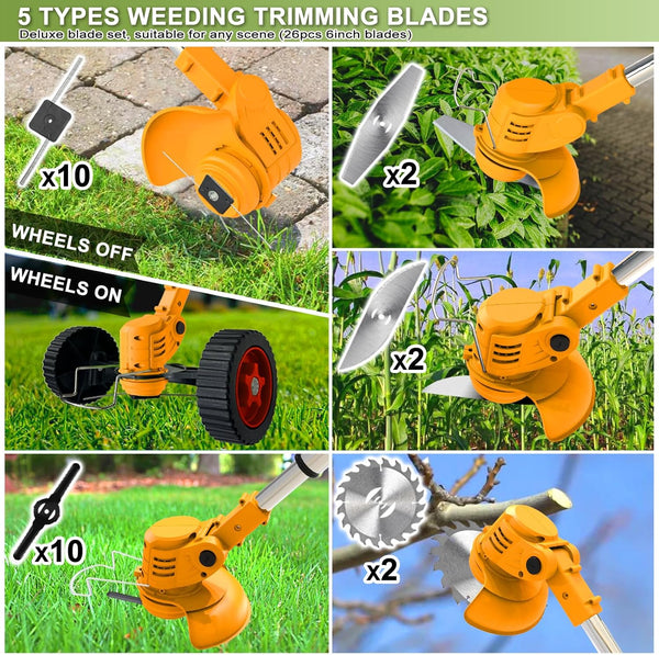 Motocoasa electrica 48V, 4000 mAh, 18000 RPM, cu 2 acumulatori si roti detasabile
