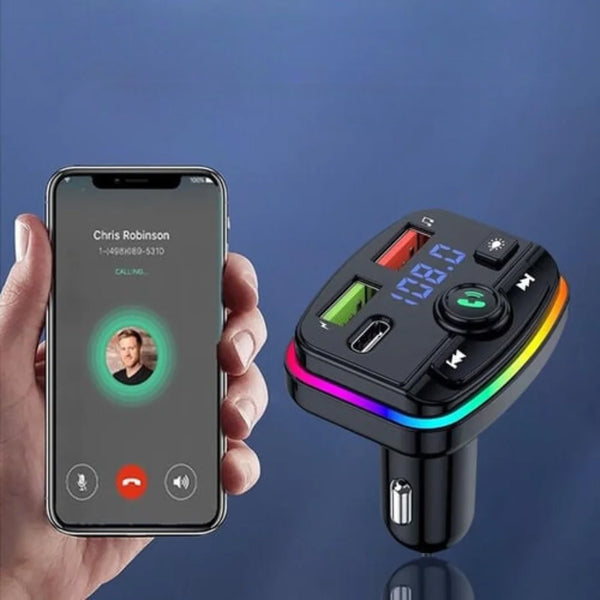 1+1 CADOU Modulator FM Bluetooth 5.0 Auto, Încărcare Rapidă USB-C PD, USB 3.1A, Hands-Free, Lumini RGB, Bass Boost – Negru