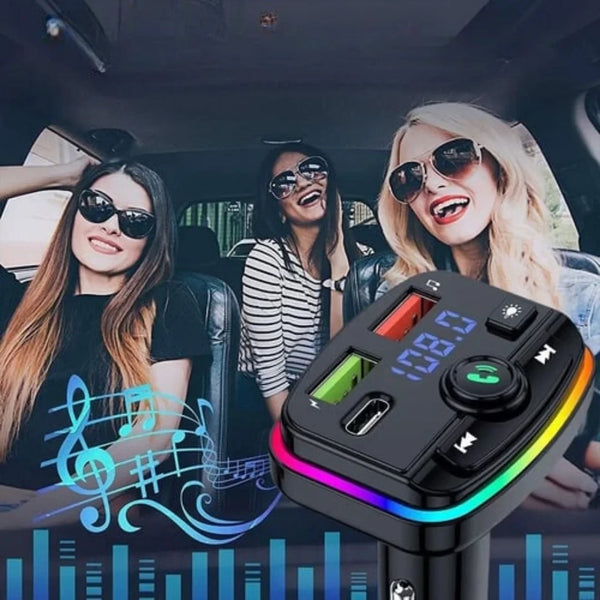 1+1 CADOU Modulator FM Bluetooth 5.0 Auto, Încărcare Rapidă USB-C PD, USB 3.1A, Hands-Free, Lumini RGB, Bass Boost – Negru
