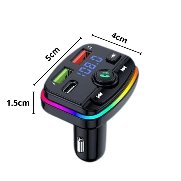 1+1 CADOU Modulator FM Bluetooth 5.0 Auto, Încărcare Rapidă USB-C PD, USB 3.1A, Hands-Free, Lumini RGB, Bass Boost – Negru