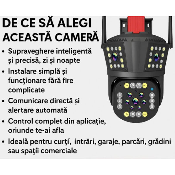 Camera de Supraveghere Inteligenta 4G pentru exterior cu doua lentile detectare a miscarii vedere pe timp de noapte 12MP