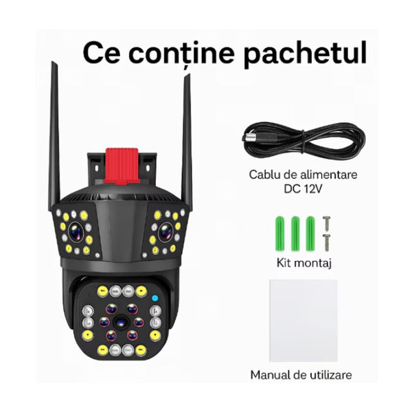 Camera de Supraveghere Inteligenta 4G pentru exterior cu doua lentile detectare a miscarii vedere pe timp de noapte 12MP