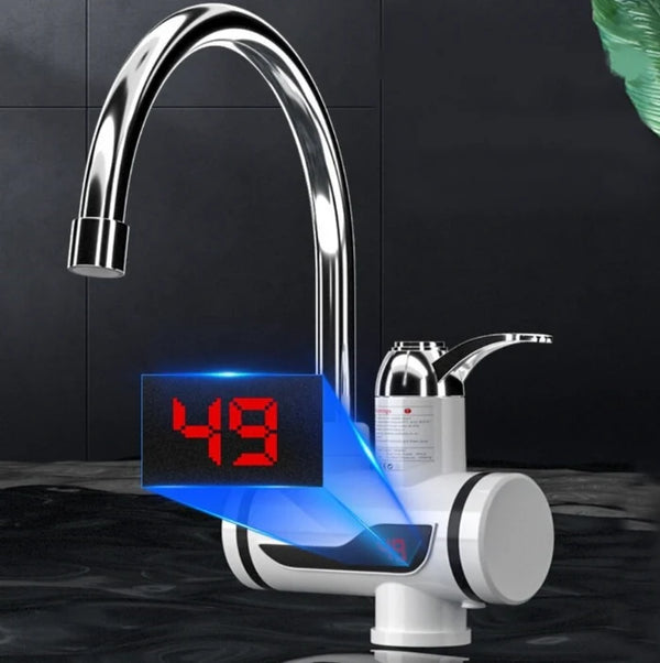 Robinet electric cu incalzire instantanee a apei, putere 3KW, afisaj LCD al temperaturii, cu montare pe chiuveta, debit 1.5L/min, Alb
