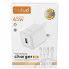1+1 CADOU Încărcător Rapid 45W, Cablu 3 în 1 USB-C / Lightning / Micro USB Inclus, Port USB-A, Ștecăr European – Alb