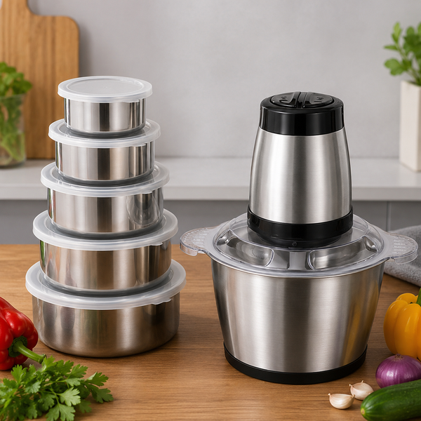 Tocător Electric 3L din Inox + Set 5 Caserole Metalice cu Capac CADOU