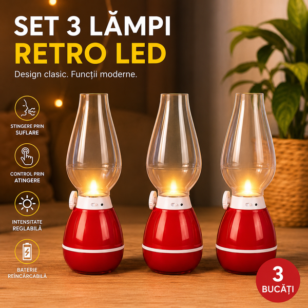 Set 3 Lămpi Retro LED cu Funcție de Stingere prin Suflare