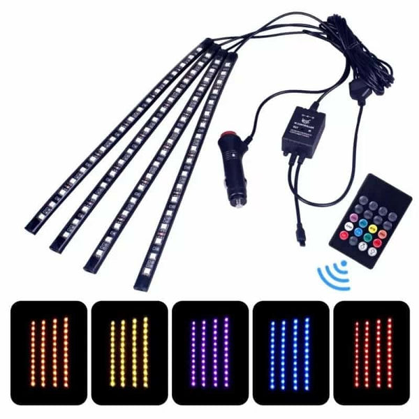 1+1 CADOU Sistem Iluminare Ambientala Auto cu 4 Benzi LED RGB si Telecomanda - 7 Culori Schimbabile