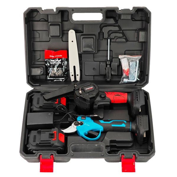 Set foarfeca electrica & mini-drujba cu 2 acumulatori, 24 V, 2 Ah, incarcator, accesorii incluse