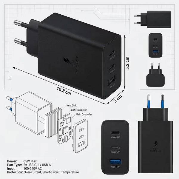 1+1 CADOU Încărcător Rapid 65W PD, Tehnologie GaN, 2x USB-C, 1x USB-A, Super Fast Charging, Cablu USB-C Inclus – Negru