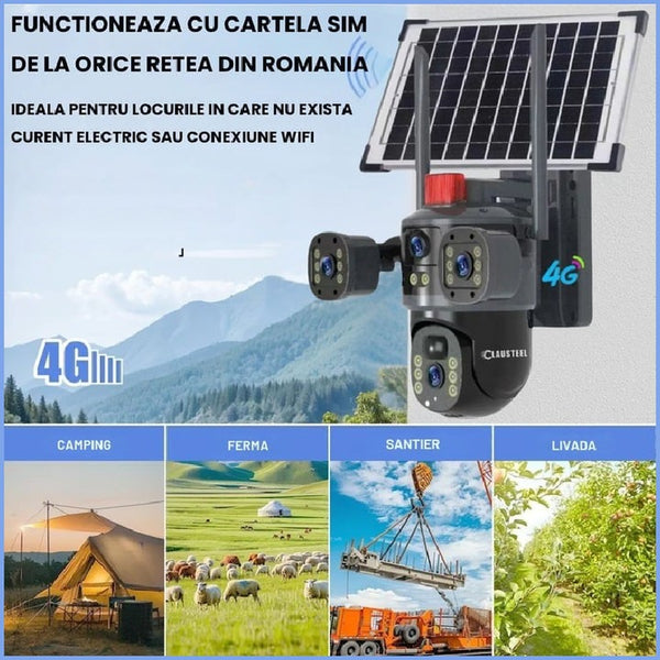 Camera Solara Tripla, Conexiune 4G cu SIM, 12MP Ultra HD, Zoom 10X, Vedere Nocturna Color, Panou Solar 7.5W