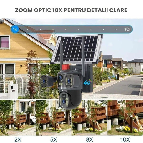 Camera Solara Tripla, Conexiune 4G cu SIM, 12MP Ultra HD, Zoom 10X, Vedere Nocturna Color, Panou Solar 7.5W