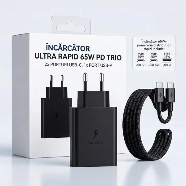1+1 CADOU Încărcător Rapid 65W PD, Tehnologie GaN, 2x USB-C, 1x USB-A, Super Fast Charging, Cablu USB-C Inclus – Negru