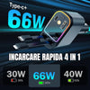 Incarcator Auto 4 in 1 Retractabil – 66W Incarcare Super Rapida, Proiectie Cer Instelat, Porturi USB & Type-C, Cabluri iPhone si Type-C, Unghi Reglabil 180°