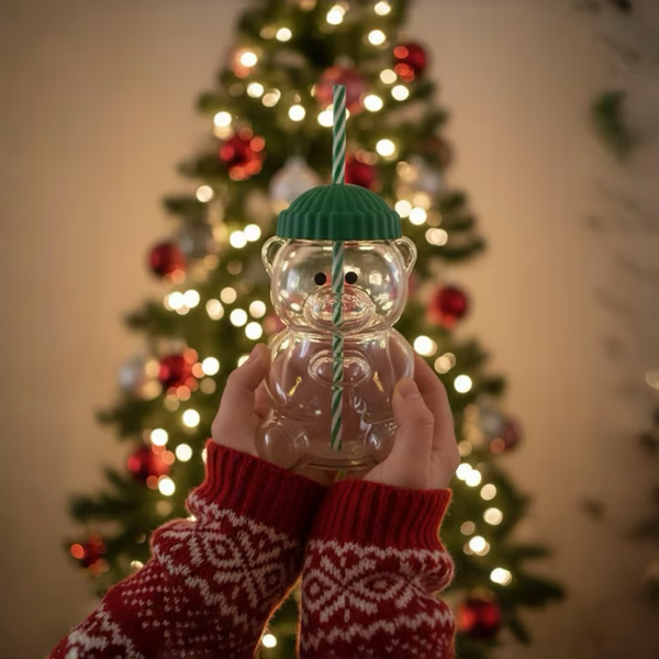 Pahar cu pai, forma de urs, sticla, 500ml