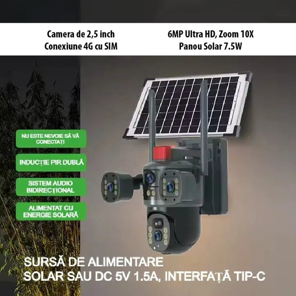 Camera Solara Tripla, Conexiune 4G cu SIM, 12MP Ultra HD, Zoom 10X, Vedere Nocturna Color, Panou Solar 7.5W