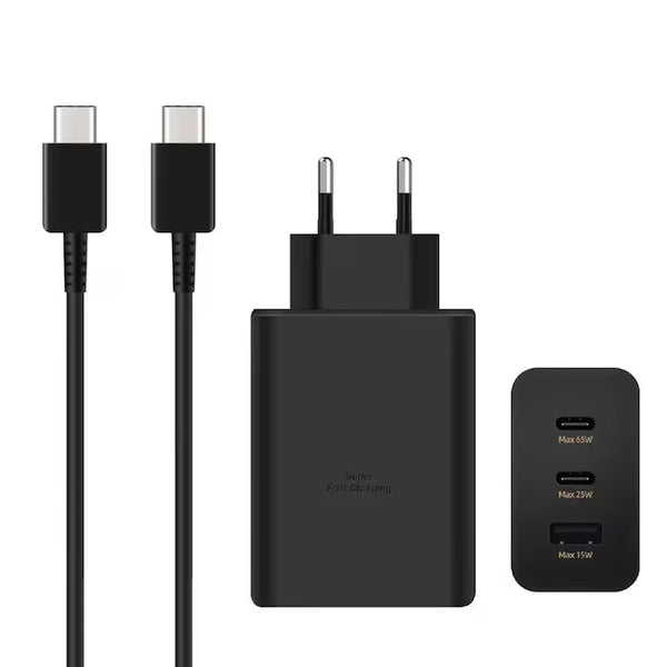1+1 CADOU Încărcător Rapid 65W PD, Tehnologie GaN, 2x USB-C, 1x USB-A, Super Fast Charging, Cablu USB-C Inclus – Negru