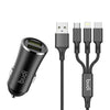 1+1 CADOU Încărcător Auto cu 2 Porturi USB, 2.4A, 12W, Cablu 3 în 1 USB-C / Lightning / Micro USB Inclus – Negru