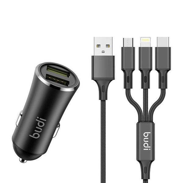 1+1 CADOU Încărcător Auto cu 2 Porturi USB, 2.4A, 12W, Cablu 3 în 1 USB-C / Lightning / Micro USB Inclus – Negru