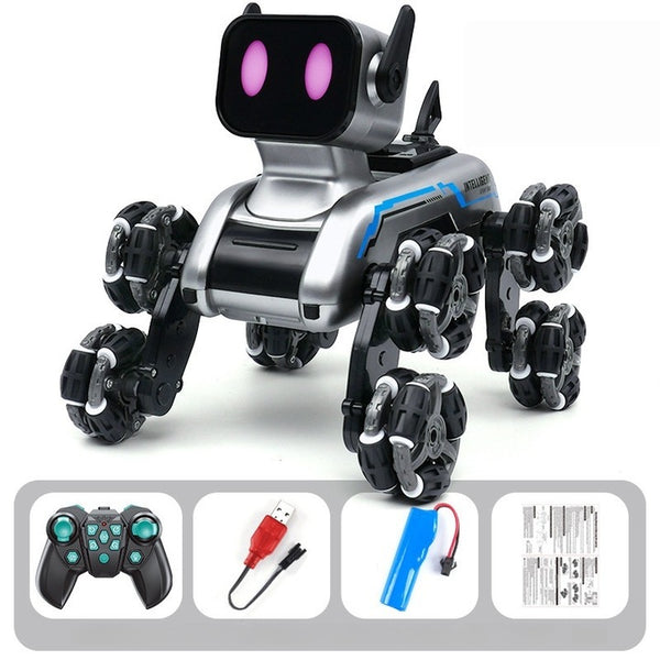 Câine Robot UWOT cu Telecomandă, 8 Roți, Cascadorii, Transformare, Muzică și Lumini LED, USB, 16x25x17 cm