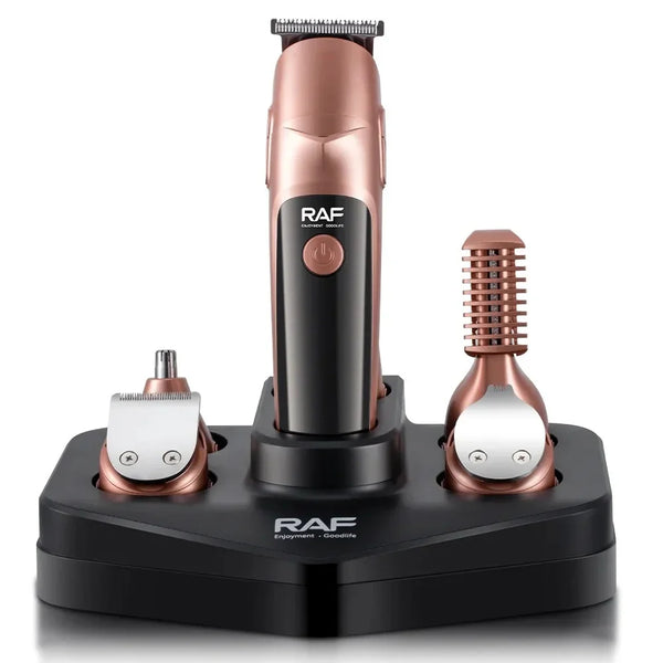Set cu aparat de tuns fara fir, RAF R4021, 5W, cu 19 accesorii, incarcare USB Type C si suport, 19.5x15x20cm, negru-cupru