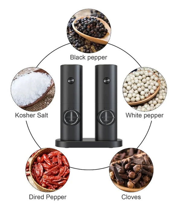 Set electric de rasnite pentru sare si piper, 2 bucati, negru, cu suport, functionare automata, ajustare grosime, 70ml
