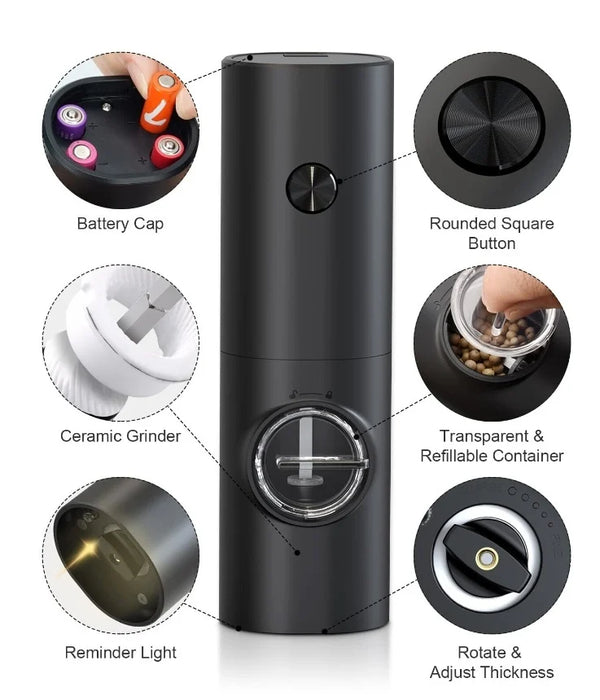 Set electric de rasnite pentru sare si piper, 2 bucati, negru, cu suport, functionare automata, ajustare grosime, 70ml