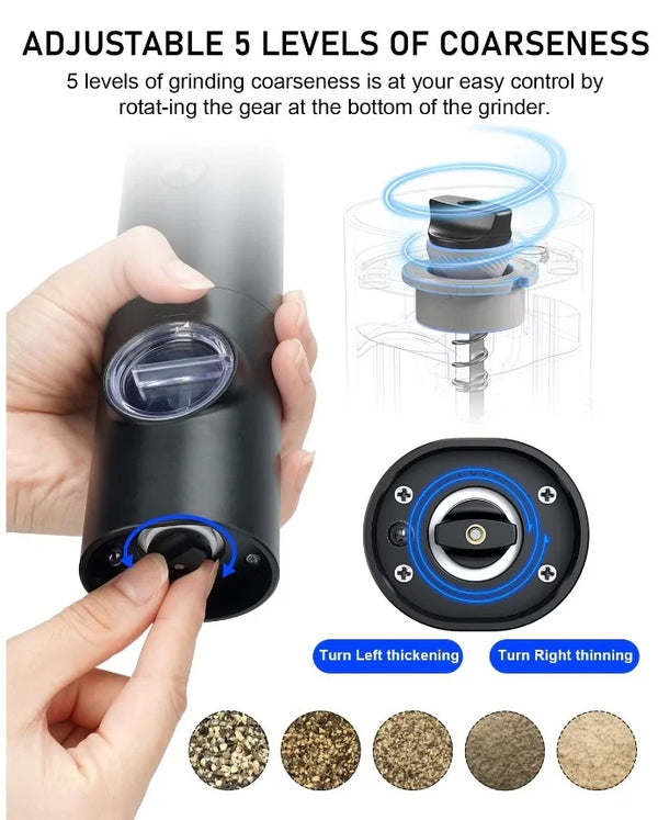 Set electric de rasnite pentru sare si piper, 2 bucati, negru, cu suport, functionare automata, ajustare grosime, 70ml