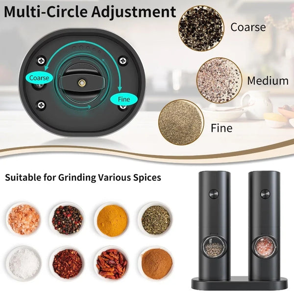 Set electric de rasnite pentru sare si piper, 2 bucati, negru, cu suport, functionare automata, ajustare grosime, 70ml