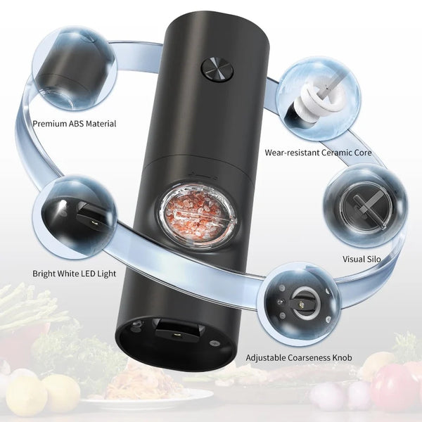 Set electric de rasnite pentru sare si piper, 2 bucati, negru, cu suport, functionare automata, ajustare grosime, 70ml