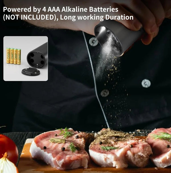 Set electric de rasnite pentru sare si piper, 2 bucati, negru, cu suport, functionare automata, ajustare grosime, 70ml