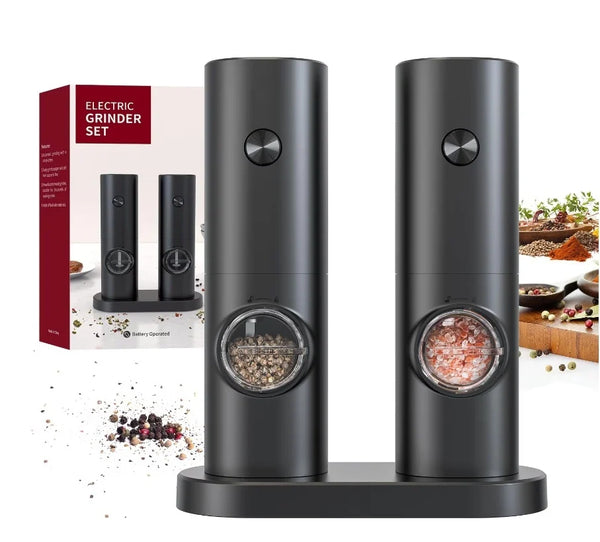 Set electric de rasnite pentru sare si piper, 2 bucati, negru, cu suport, functionare automata, ajustare grosime, 70ml