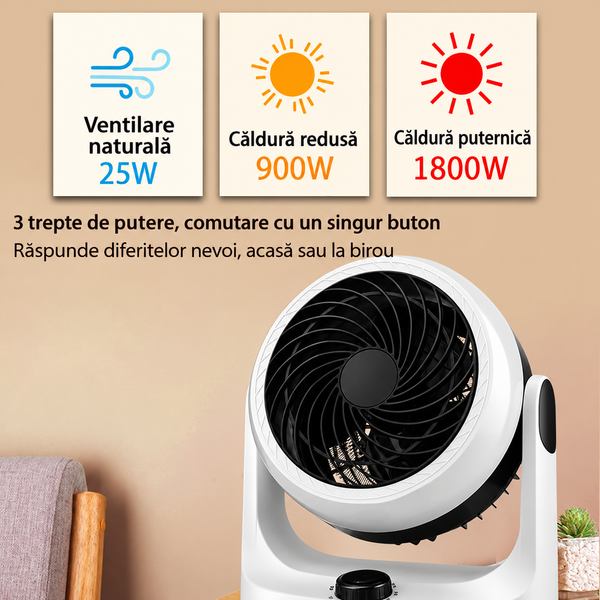 Ventilator încălzitor cu aer rece și cald, 1800W, 3 trepte de putere, design compact